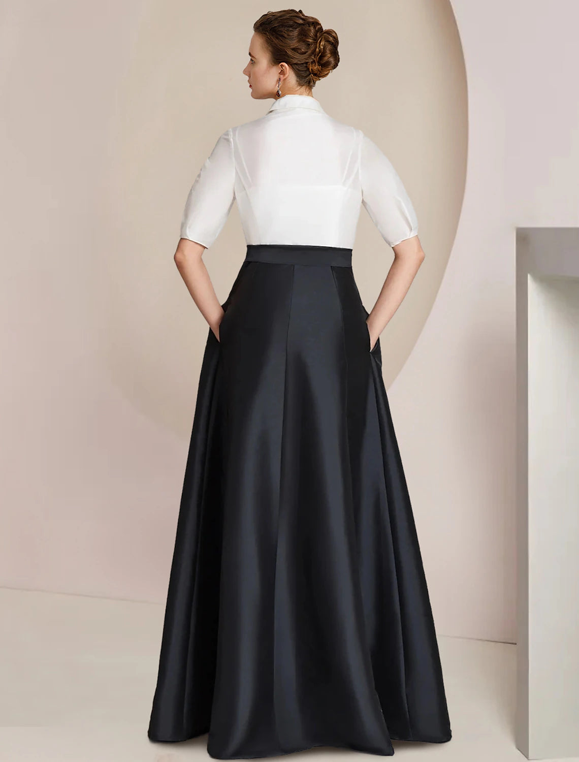 A-Linie Kleid für die Mutter der Braut, formelle Hochzeitsgastparty, eleganter Hemdkragen, bodenlang, Taft, kurze Ärmel, mit Schleife(n), Farbblock
